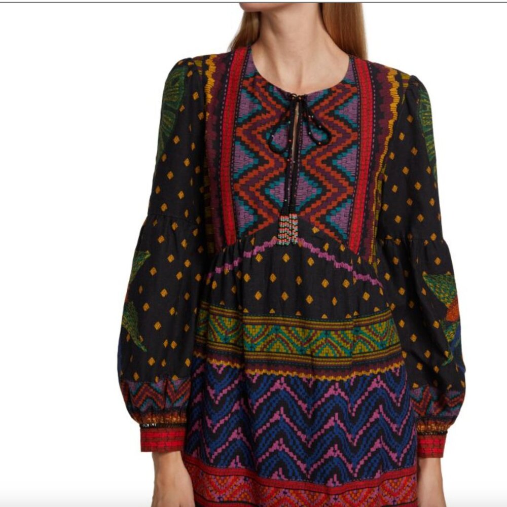 Farm Rio Forest Tapestry Midi Dress Geometric Jungle Linen Blend Tassel XS $265 - Picture 5 of 10